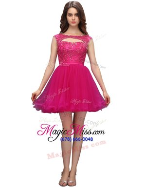 Luxurious Hot Pink Organza Zipper Dress for Prom Sleeveless Mini Length Beading