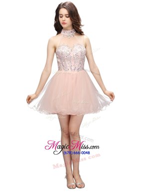 Superior High-neck Sleeveless Homecoming Dress Mini Length Beading Baby Pink Organza