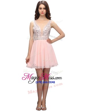 Popular Knee Length Baby Pink Prom Gown V-neck Sleeveless Zipper