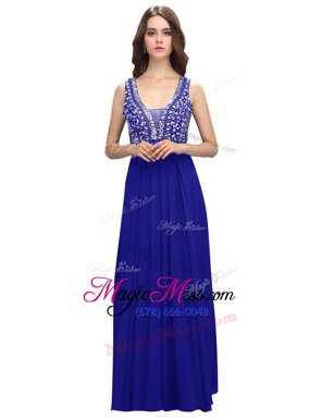 Delicate Royal Blue Straps Neckline Beading Pageant Dress for Teens Sleeveless Zipper