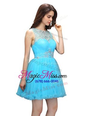 Scoop Mini Length Aqua Blue Prom Gown Organza Sleeveless Beading