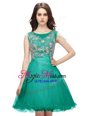 Modest Scoop Peacock Green Zipper Prom Dresses Embroidery Sleeveless Mini Length