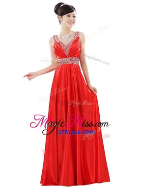 Luxurious Floor Length Zipper Prom Gown Red and In for Prom and Party with Beading
