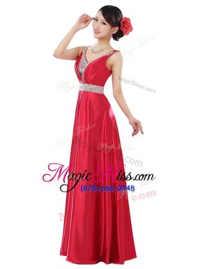 Fancy V-neck Sleeveless Elastic Woven Satin Dress for Prom Beading Zipper