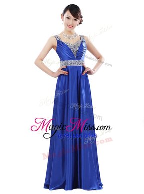 Flare Royal Blue Elastic Woven Satin Zipper V-neck Sleeveless Floor Length Homecoming Gowns Beading