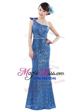 One Shoulder Baby Blue Column/Sheath Sequins Prom Gown Zipper Sequined Sleeveless Floor Length