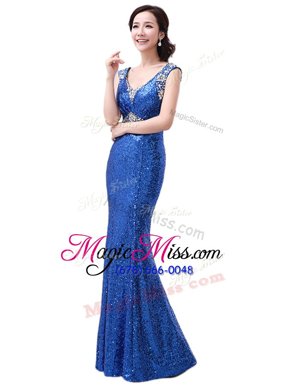 Admirable Royal Blue V-neck Zipper Sequins Prom Dress Sleeveless