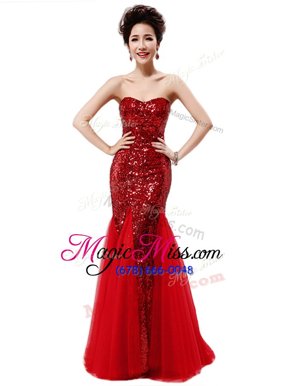 High Class Mermaid Coral Red Strapless Zipper Sequins Prom Evening Gown Sleeveless