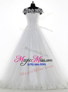 High End Scoop White Short Sleeves Brush Train Lace and Appliques With Train Bridal Gown
