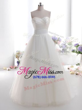 Affordable White Sleeveless Ruching Floor Length Wedding Gown