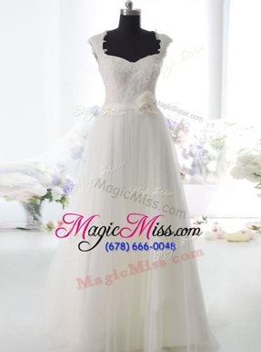 Latest White Tulle Side Zipper Square Sleeveless Floor Length Wedding Gowns Lace and Hand Made Flower
