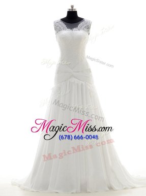 Popular Scoop White Chiffon Side Zipper Wedding Gown Sleeveless With Brush Train Lace