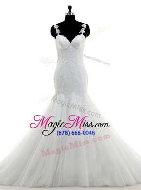 Sumptuous Mermaid With Train White Wedding Dresses Tulle Brush Train Sleeveless Appliques