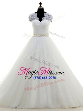 Suitable White Ball Gowns V-neck Cap Sleeves Tulle With Brush Train Clasp Handle Beading and Lace Wedding Gown