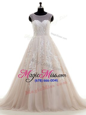 Sweet Scoop Peach Cap Sleeves With Train Lace and Appliques Zipper Wedding Dresses