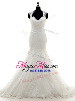 Custom Fit Brush Train Mermaid Wedding Gowns White V-neck Lace Cap Sleeves With Train Side Zipper