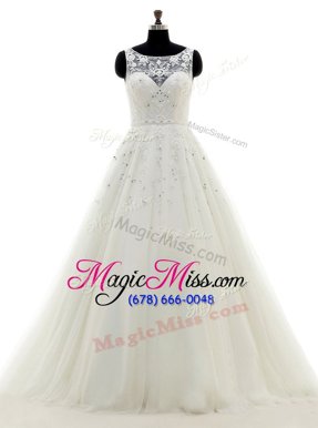 Custom Design Scoop Sleeveless Tulle Wedding Dresses Beading and Lace and Appliques Brush Train Backless