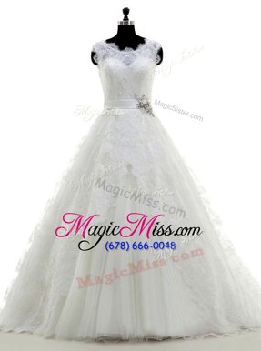 Shining White Scoop Clasp Handle Beading and Lace and Appliques Wedding Gowns Brush Train Sleeveless