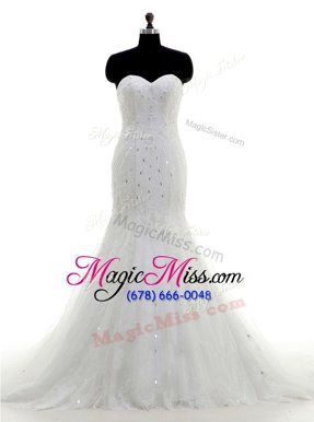 Shining Mermaid Sleeveless With Train Beading and Lace Zipper Wedding Gowns with White Brush Train
