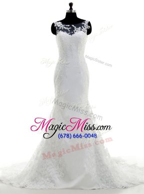 Scoop Lace With Train Mermaid Sleeveless White Bridal Gown Brush Train Clasp Handle