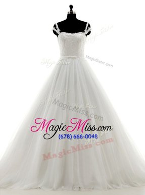 Sumptuous With Train Lace Up Wedding Dress White and In for Wedding Party with Lace and Appliques Brush Train