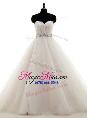 White A-line Tulle Sweetheart Sleeveless Beading and Lace With Train Lace Up Wedding Dress Brush Train