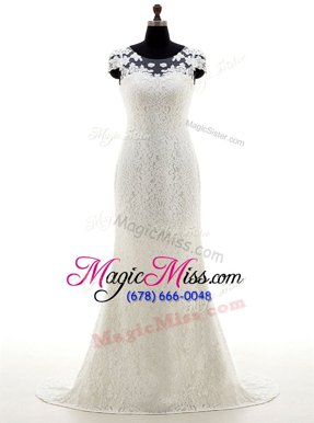 Flare Lace With Train White Wedding Gown Scoop Cap Sleeves Brush Train Zipper