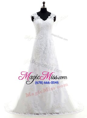 Cheap Lace Sleeveless With Train Wedding Dress Brush Train and Lace