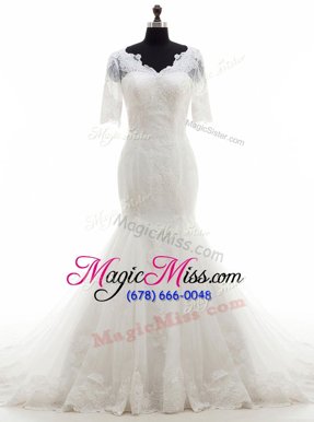 Sweet Mermaid Tulle Half Sleeves With Train Wedding Dress Court Train and Lace and Appliques