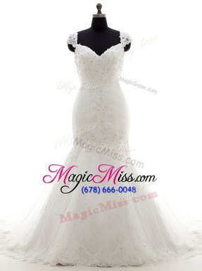 Dramatic Mermaid With Train Lace Up Wedding Dress White and In for Wedding Party with Beading and Appliques Brush Train