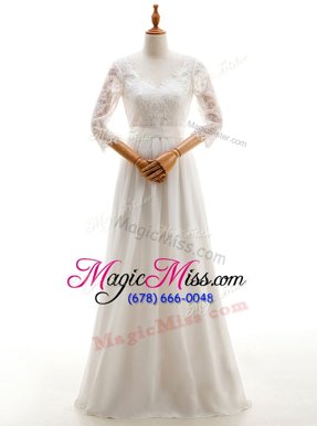 Fashion Lace Bridal Gown White Lace Up 3|4 Length Sleeve Floor Length