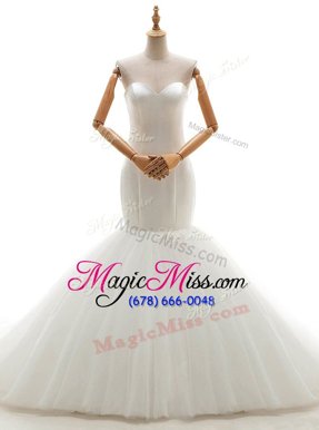 Amazing White Mermaid Sweetheart Sleeveless Tulle With Brush Train Lace Up Ruching Wedding Dresses