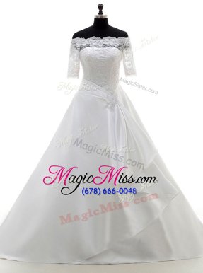 Most Popular Off the Shoulder White Half Sleeves With Train Lace Clasp Handle Wedding Gowns