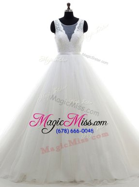 Latest Scoop Sleeveless With Train Lace Clasp Handle Bridal Gown with White Brush Train