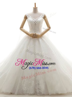 Customized V-neck Sleeveless Tulle Wedding Dress Lace Chapel Train Lace Up