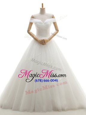 Sumptuous Off the Shoulder Ruching Wedding Gowns White Lace Up Sleeveless With Train Court Train