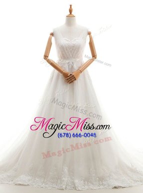 Smart White Tulle Clasp Handle Wedding Gown Sleeveless With Train Court Train Appliques