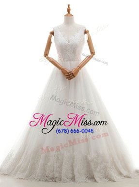 Wonderful White Zipper V-neck Lace and Appliques Bridal Gown Organza and Tulle Sleeveless Court Train