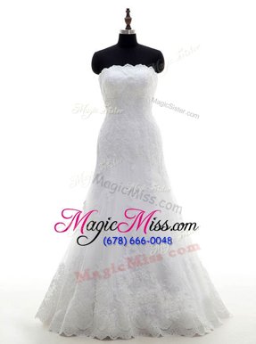 Romantic White Column/Sheath Lace Strapless Sleeveless Lace Floor Length Clasp Handle Wedding Dress