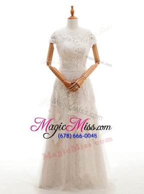 Pretty Scoop Champagne Column/Sheath Appliques Wedding Gown Clasp Handle Lace Cap Sleeves With Train