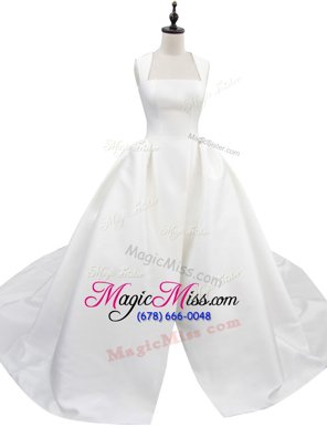 Customized With Train White Bridal Gown Square Sleeveless Court Train Zipper