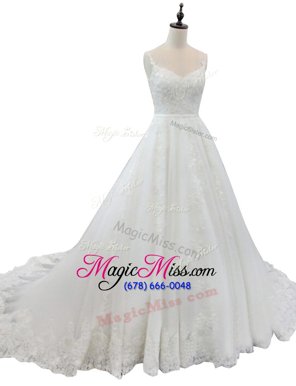 Pretty Tulle Straps Sleeveless Chapel Train Zipper Appliques Bridal Gown in White