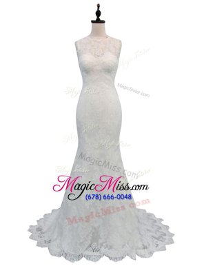 Attractive Mermaid Lace Sleeveless With Train Wedding Gown Brush Train and Lace