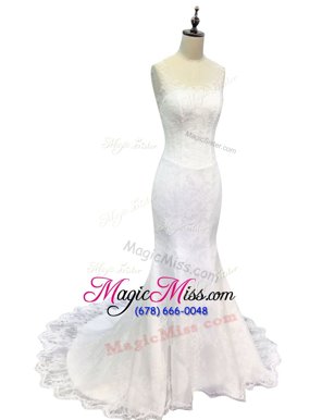 Superior Scoop White Mermaid Lace and Appliques Bridal Gown Zipper Lace Sleeveless With Train