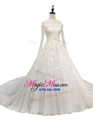 Off the Shoulder With Train A-line Long Sleeves White Wedding Dresses Chapel Train Zipper