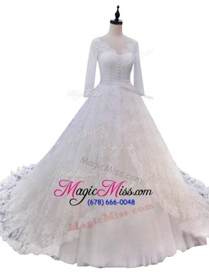 Long Sleeves With Train Lace Zipper Wedding Dresses with White Chapel Train