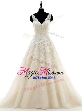 Exquisite Champagne A-line Lace and Appliques Wedding Dresses Clasp Handle Organza Sleeveless With Train