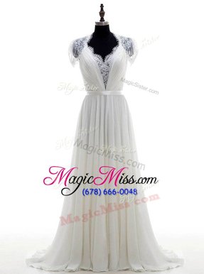 Smart White V-neck Neckline Lace Bridal Gown Short Sleeves Clasp Handle
