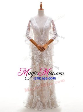 Customized Lace Half Sleeves Brush Train Side Zipper With Train Appliques Wedding Dress