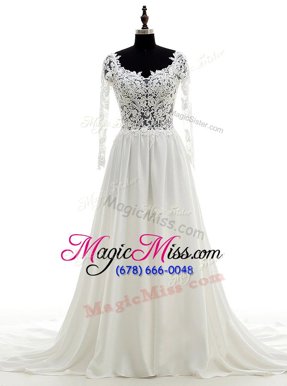 Low Price Scoop Long Sleeves With Train Lace Backless Wedding Dress with White Brush Train